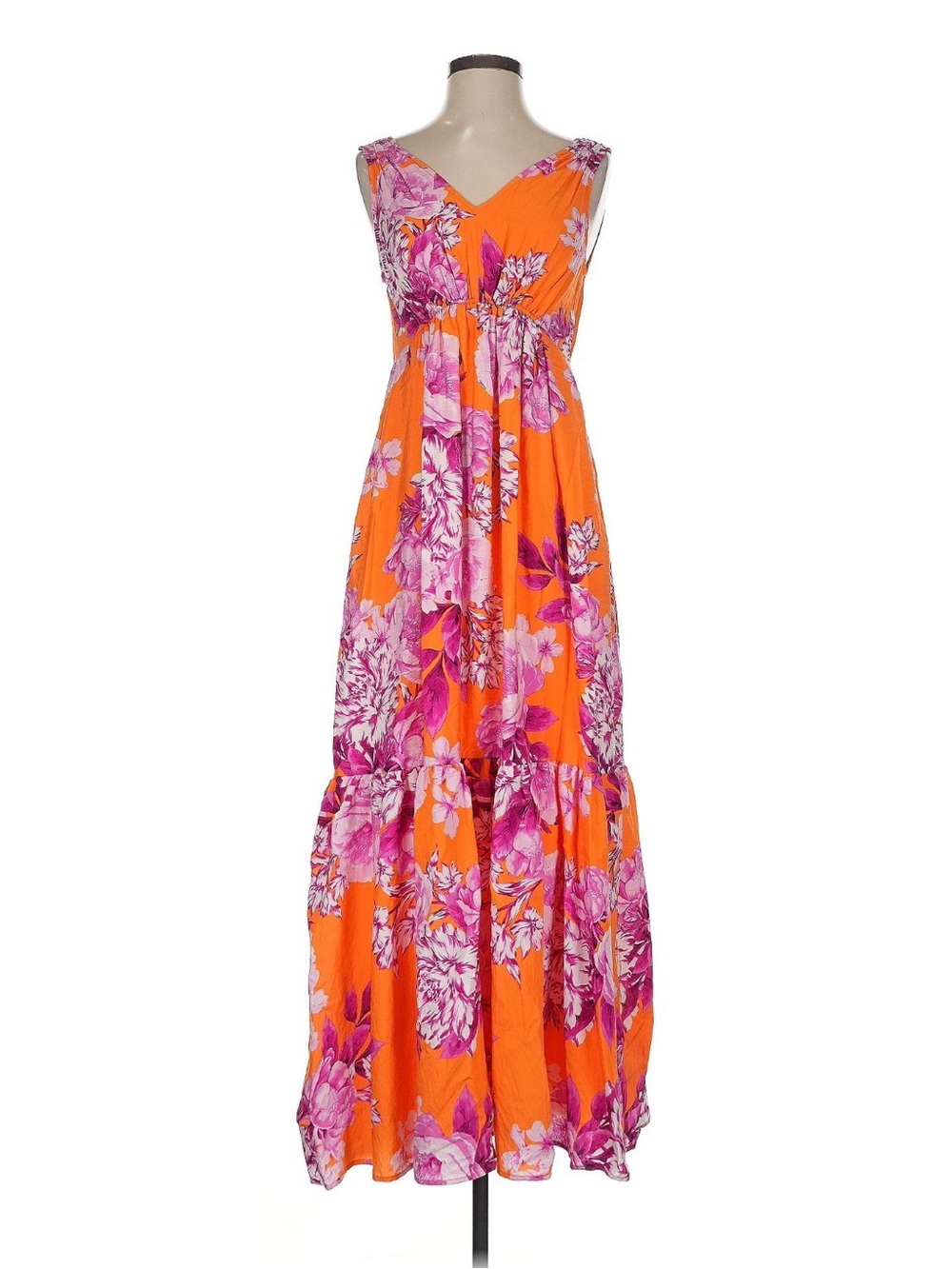 Anthropologie Orange Maxi Dress with Pink Floral Print